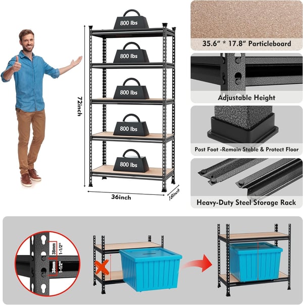 WORKPRO 3Tier Garage Shelving Unit Heavy Duty 5400 LBS Load Capacity Metal Storage Rack 50W x 18D x 47H Height Adjustable Industrial Shelving for Garage Warehouse Shop2 36u201DW x 18u201DD x 72u201DH