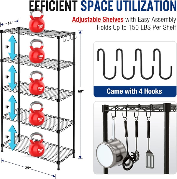 WORKPRO 5Tier Wire Shelving Unit 36W x 14D x 72H Metal Storage Shelves Rack Heavy Duty Utility Shelving 1750 LBS Load Capacity Total Kitchen Living Room Basement Garage30 W x 14 D x 60 H