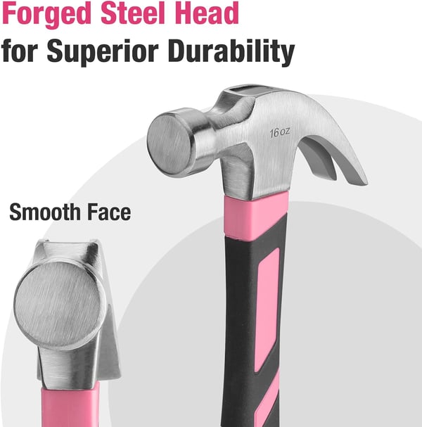 WORKPRO 8 oz Claw Hammer with Fiberglass Handle All Purpose Hammer with Forged Hardened Steel Head Smooth Face amp Shock Reduction Grip  Pink Ribbon16oz