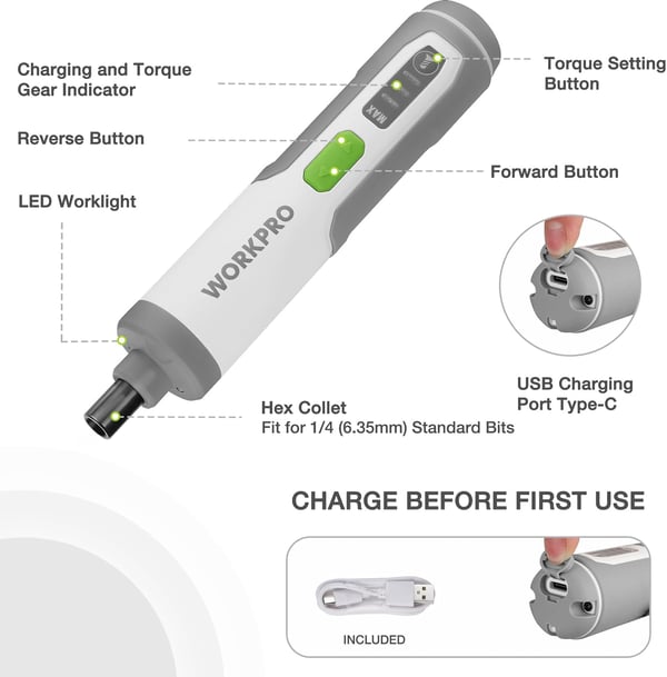 WORKPRO 4V Electric Screwdriver Rechargeable Cordless Screwdriver Set with 35 Bits Extension Rod USB Charging Cable in Carrying Case LED Light White GrayWhite Gray