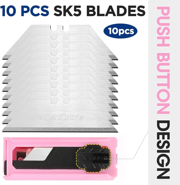 imageWORKPRO Folding Utility Knife Quick Change SK5 Pink Box Cutter Aluminum Handle Razor Knife for Boxes Cartons Cardboard 10 Extra Blades Included  Pink Ribbon