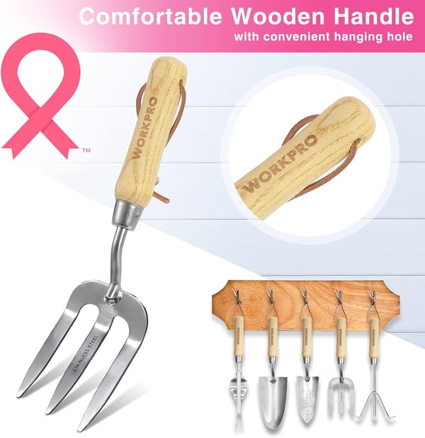 imageWORKPRO 8Piece Pink Garden Tool Set Stainless Steel Gardening Tools with Wood Handle Including Garden Tote Gloves Trowel Hand Weeder Cultivator and More Gardening Gifts For Women  Pink RibbonPink