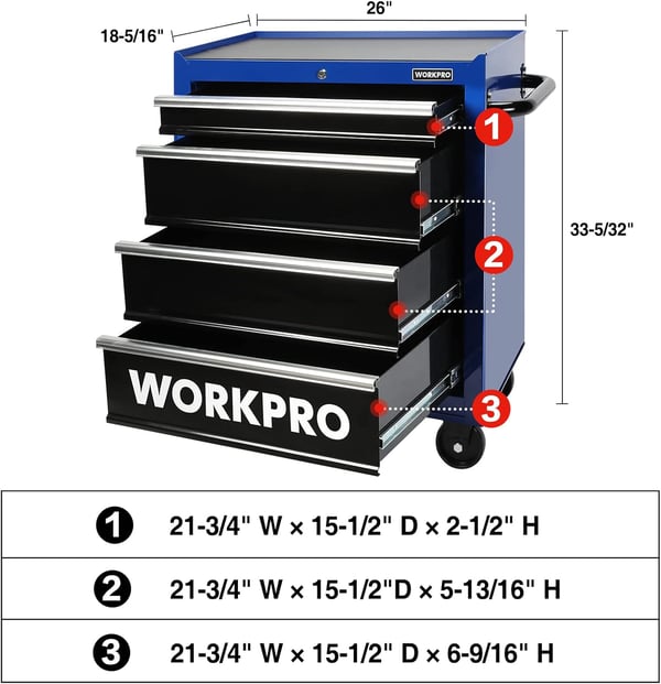 WORKPRO 42Inch 7Drawers Rolling Tool Chest Mobile Tool Storage Cabinet with Wooden Top Equipped with Casters Handle Drawer Liner and Locking System 1000 lbs Load Capacity26 inch