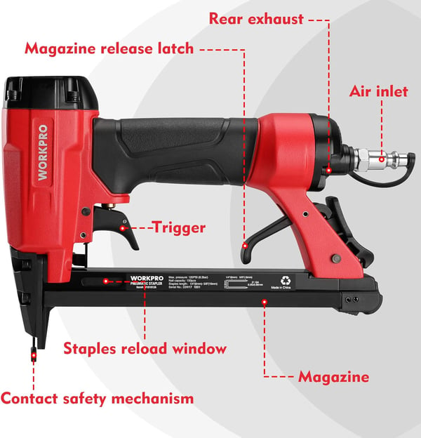 WORKPRO 8016 Pneumatic Staple Gun 21 Gauge Upholstery Stapler with 1500pcs Staples 14to 58 AirPowered Rear Exhaust for Carpentry Woodworking and DIY Projects21G 8016