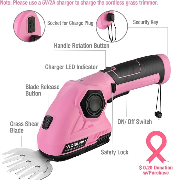 WORKPRO Pink Cordless Grass Shear amp Shrubbery Trimmer  2 in 1 Handheld Hedge Trimmer 72V Electric Grass Trimmer Hedge ShearsGrass Cutter 20Ah Rechargeable LithiumIon Battery  Pink RibbonPink