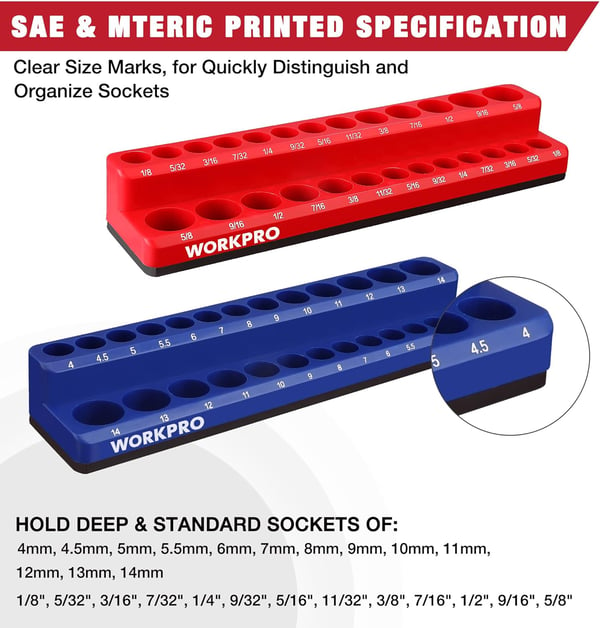 WORKPRO 38inch Magnetic Socket Organizer Set 2Piece SAE amp Metric Socket Holders Holds 56 Standard and Deep Sockets for Tool Box Tool Carts Sockets Not Included14 SAEampMetric