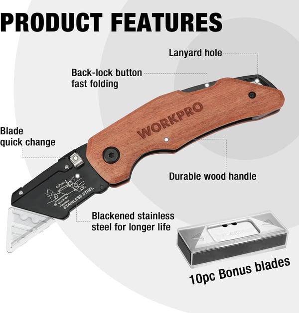 WORKPRO Folding Utility Knife with Stainless Steel Head Quickchange Blade amp Back Lock Wood Handle Heavy Duty Box Cutter 1PC Razor Knife with Extra 10PC SK5 BladesWORKPRO Folding Utility Knife with Stainless Steel Head Quickchange Blade amp Back Lock Wood Handle Heavy Duty Box Cutter 1PC Razor Knife with Extra 10PC SK5 Blades