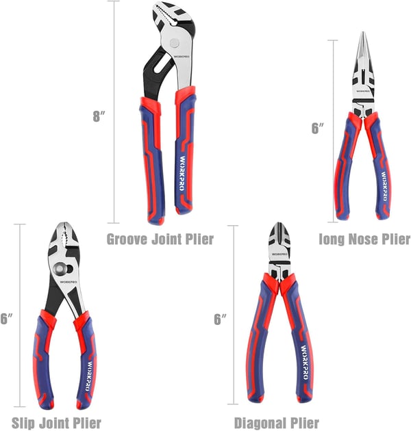 WORKPRO 4Piece Pliers Set Premium CRV Construction Pliers Tool Sets Including Long Nose Diagonal Cutting Groove Joint and Slip Joint Pliers  Pink RibbonRed