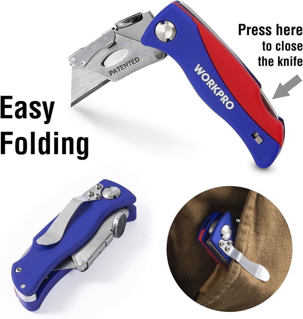 WORKPRO Folding Utility Knife QuickChange Box Cutter Blade Storage in Handle with 5 Extra Blades IncludedWORKPRO Folding Utility Knife QuickChange Box Cutter Blade Storage in Handle with 5 Extra Blades Included