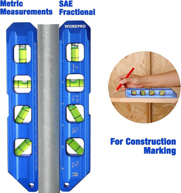 WORKPRO 8Inch Magnetic Torpedo Level Aluminum Alloy Construction 4 Bubble Vials for 0904530 Measurements Cobalt BlueWORKPRO 8Inch Magnetic Torpedo Level Aluminum Alloy Construction 4 Bubble Vials for 0904530 Measurements Cobalt Blue