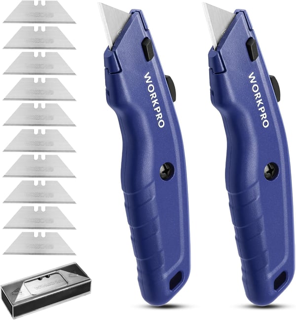 WORKPRO Premium Utility Knife 2PC Retractable All Metal Heavy Duty Box Cutter Quick Change Blade Razor Knife with 10 Extra BladesBlue