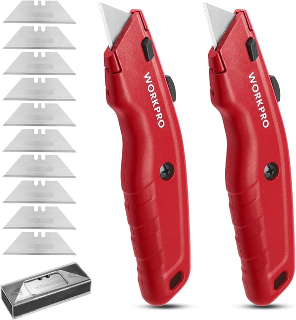 WORKPRO Premium Utility Knife 2PC Retractable All Metal Heavy Duty Box Cutter Quick Change Blade Razor Knife with 10 Extra BladesRed