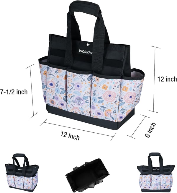 WORKPRO Garden Tool Bag 9 Pockets Garden Tote Bag Heavy Duty Oxford Garden Tool Storage Bag Gardening Tool Kit Holder Tools NOT Included 12 x 12 x 6 Blue InsectsFloral White