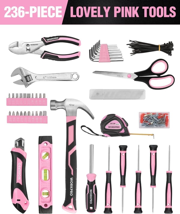 imageWORKPRO Pink Tool Kit  236 Pieces Pink Tool Set with Easy Carrying Round Pouch Household Tool Kit Perfect for DIY Home Maintenance  Pink Ribbon