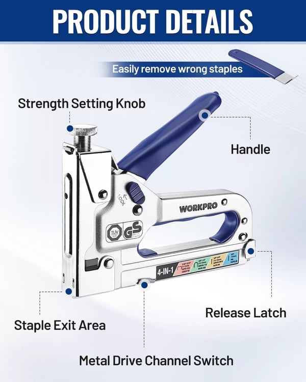 imageWORKPRO 4in1 Staple Gun Good Merry Christmas Gift Manual Brad Nailer with 2000 Counts Staples Upholstery Stapler Nail Gun for Fixing Material Decoration Carpentry Furniture Doors and Windows