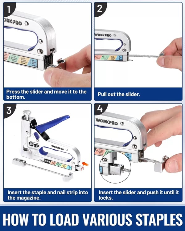 imageWORKPRO 4in1 Staple Gun Good Merry Christmas Gift Manual Brad Nailer with 2000 Counts Staples Upholstery Stapler Nail Gun for Fixing Material Decoration Carpentry Furniture Doors and Windows