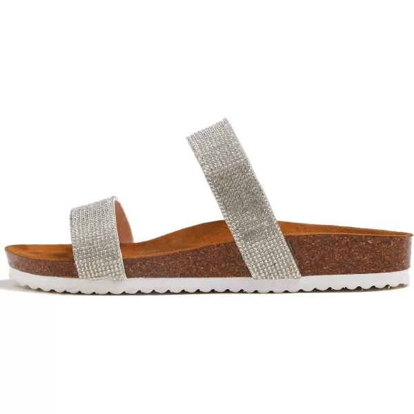 FEVERSOLE Women's Fashion Sparkle Slide Sandals Soft Cork Footbed Comfort Flats