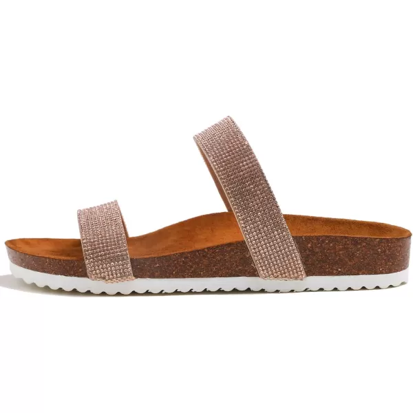 FEVERSOLE Women's Fashion Sparkle Slide Sandals Soft Cork Footbed Comfort Flats