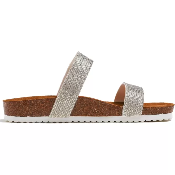 FEVERSOLE Women's Fashion Sparkle Slide Sandals Soft Cork Footbed Comfort Flats