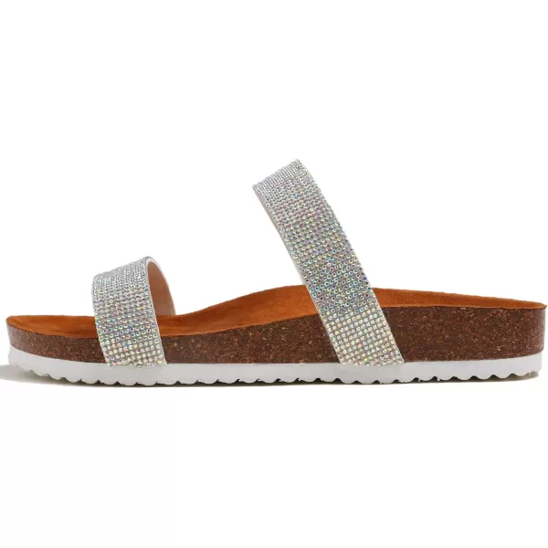 FEVERSOLE Women's Fashion Sparkle Slide Sandals Soft Cork Footbed Comfort Flats