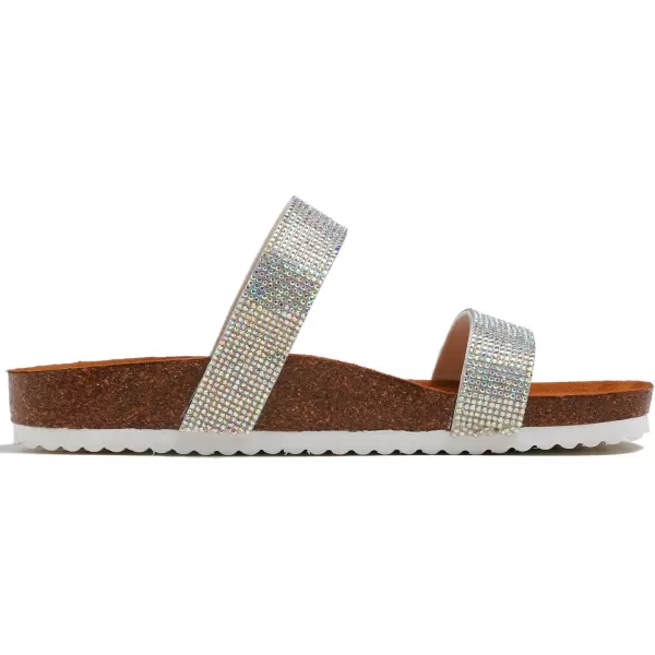 FEVERSOLE Women's Fashion Sparkle Slide Sandals Soft Cork Footbed Comfort Flats