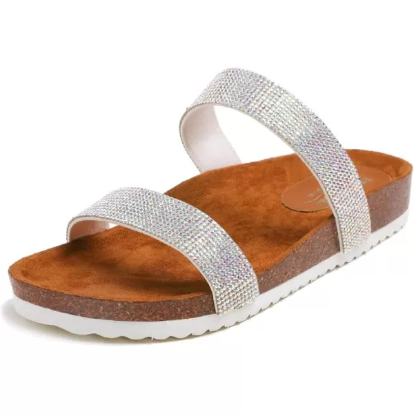FEVERSOLE Women's Fashion Sparkle Slide Sandals Soft Cork Footbed Comfort Flats