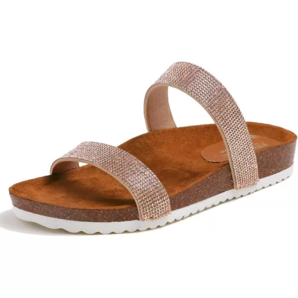 FEVERSOLE Women's Fashion Sparkle Slide Sandals Soft Cork Footbed Comfort Flats