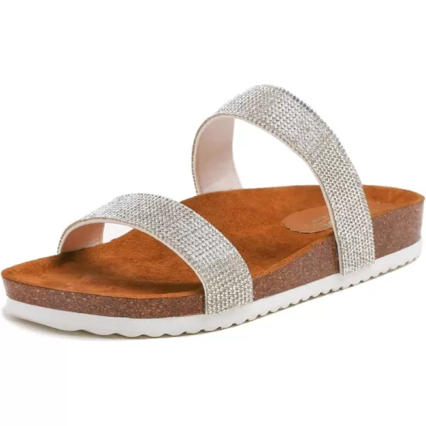 FEVERSOLE Women's Fashion Sparkle Slide Sandals Soft Cork Footbed Comfort Flats
