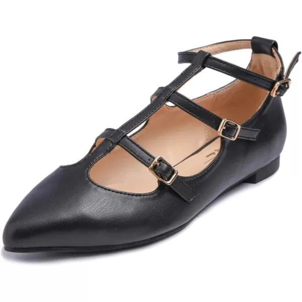 FEVERSOLE Women's Pointed Mary Jane Shoes Fashion Strap Buckle Slip On Flats