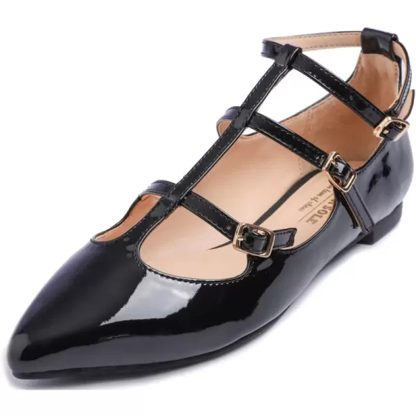 FEVERSOLE Women's Pointed Mary Jane Shoes Fashion Strap Buckle Slip On Flats
