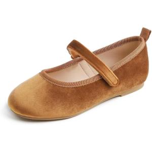 imageFEVERSOLE Girls Cute Dress Mary Jane Shoes Soft Party Holiday Ballet FlatsCamel Velvet Loop Maryjane