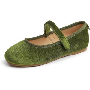 imageFEVERSOLE Girls Cute Dress Mary Jane Shoes Soft Party Holiday Ballet FlatsGreen Velvet Loop Maryjane