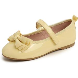 imageFEVERSOLE Girls Cute Dress Mary Jane Shoes Soft Party Holiday Ballet FlatsYellow Patent Vegan Leather Bow Tie Loop Maryjane