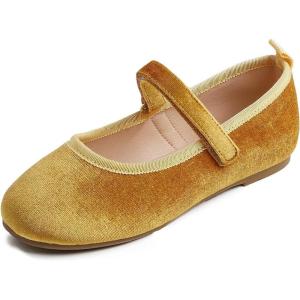 imageFEVERSOLE Girls Cute Dress Mary Jane Shoes Soft Party Holiday Ballet FlatsYellow Velvet Loop Maryjane