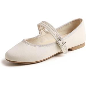 imageFEVERSOLE Womens Soft Cushion Extra Padded Comfort Round Toe Mary Jane Metal Buckle Fashion Ballet Flats Walking ShoesBeige Canvas Mary Jane