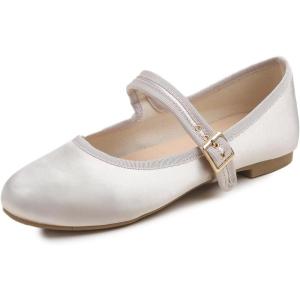 imageFEVERSOLE Womens Soft Cushion Extra Padded Comfort Round Toe Mary Jane Metal Buckle Fashion Ballet Flats Walking ShoesBeige Satin Mary Jane