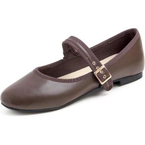 imageFEVERSOLE Womens Soft Cushion Extra Padded Comfort Round Toe Mary Jane Metal Buckle Fashion Ballet Flats Walking ShoesBrown Vegan Leather Mary Jane With Canvas Lining