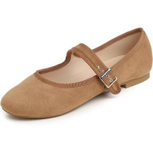 imageFEVERSOLE Womens Soft Cushion Extra Padded Comfort Round Toe Mary Jane Metal Buckle Fashion Ballet Flats Walking ShoesCamel Faux Suede Mary Jane