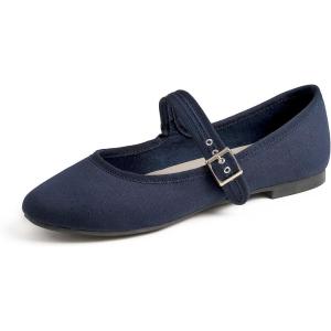 imageFEVERSOLE Womens Soft Cushion Extra Padded Comfort Round Toe Mary Jane Metal Buckle Fashion Ballet Flats Walking ShoesNavy Blue Canvas Mary Jane
