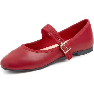 imageFEVERSOLE Womens Soft Cushion Extra Padded Comfort Round Toe Mary Jane Metal Buckle Fashion Ballet Flats Walking ShoesRetro Red Vegan Leather Mary Jane With Canvas Lining