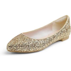 image:imageFEVERSOLE Womens Fashion Pointed Toe Classic Dressy Shiny Comfort Cushioned FlatsGlitter Gold