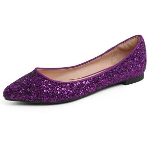 image:imageFEVERSOLE Womens Fashion Pointed Toe Classic Dressy Shiny Comfort Cushioned FlatsGlitter Purple