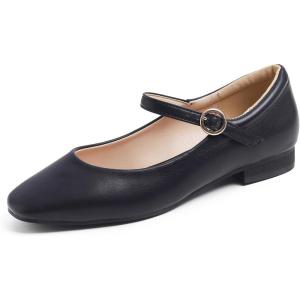 image:imageFEVERSOLE Womens Mary Jane Fashion Square Toe Padded Ankle Low Heel Slip On FlatsSq Maryjane Black Vegan Leather