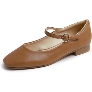 image:imageFEVERSOLE Womens Mary Jane Fashion Square Toe Padded Ankle Low Heel Slip On FlatsSq Maryjane Camel Vegan Leather