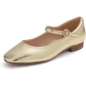 image:imageFEVERSOLE Womens Mary Jane Fashion Square Toe Padded Ankle Low Heel Slip On FlatsSq Maryjane Gold Vegan Leather