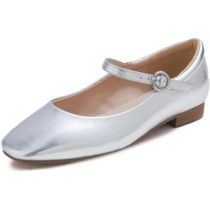 image:imageFEVERSOLE Womens Mary Jane Fashion Square Toe Padded Ankle Low Heel Slip On FlatsSq Maryjane Silver Vegan Leather