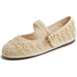 image:imageFEVERSOLE Womens Soft Breathable Mary Jane Memory Foam Cushioned Comfort Round Toe Metal Buckle Flats Walking ShoesBeige Raffia Mary Jane With Round Buckle