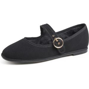 image:imageFEVERSOLE Womens Soft Breathable Mary Jane Memory Foam Cushioned Comfort Round Toe Metal Buckle Flats Walking ShoesBlack Corduroy Fur Lined Mary Jane With Round Buckle