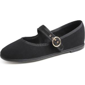 image:imageFEVERSOLE Womens Soft Breathable Mary Jane Memory Foam Cushioned Comfort Round Toe Metal Buckle Flats Walking ShoesBlack Corduroy Mary Jane With Round Buckle