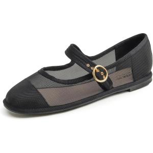 image:imageFEVERSOLE Womens Soft Breathable Mary Jane Memory Foam Cushioned Comfort Round Toe Metal Buckle Flats Walking ShoesBlack Mesh Mary Jane With Round Buckle